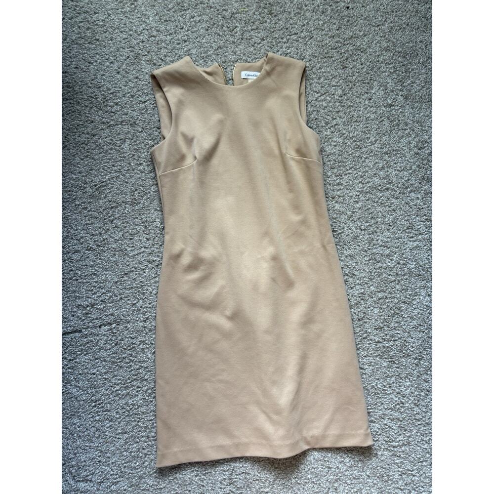 Calvin Klein Tan Sleeveless Sheath Dress Size 8 Career Office Stretch - Picture 3 of 9